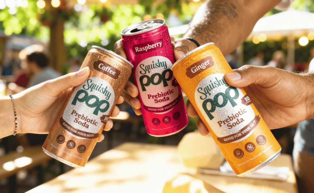 Three hands clinking cans of Squishy Pop