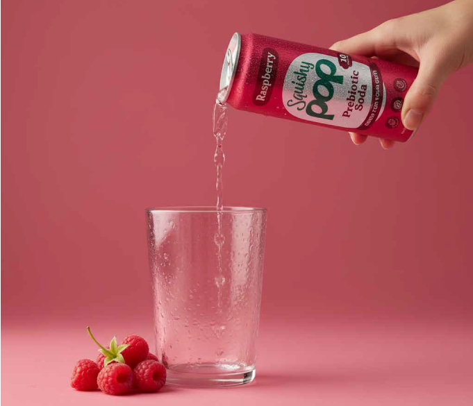 A can of Squishy Pop Raspberry being poured into a glass